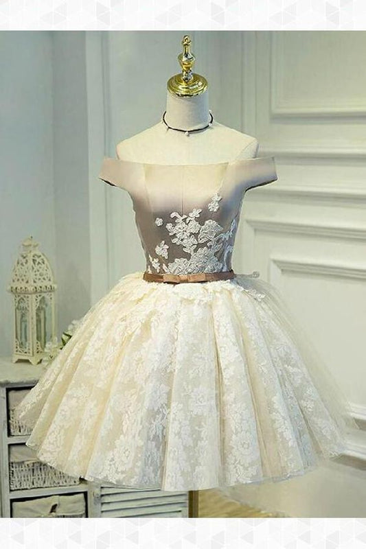 Ballkleid, schulterfrei, kurz, elfenbeinfarben, Spitze, Heimkehrkleid mit Applikationen, cg261