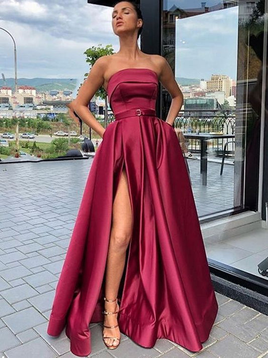 A-Linie, hochgeschlitztes, burgunderrotes, langes Ballkleid aus Satin, hochgeschlitztes, burgunderrotes, langes Abendkleid aus Satin cg2612