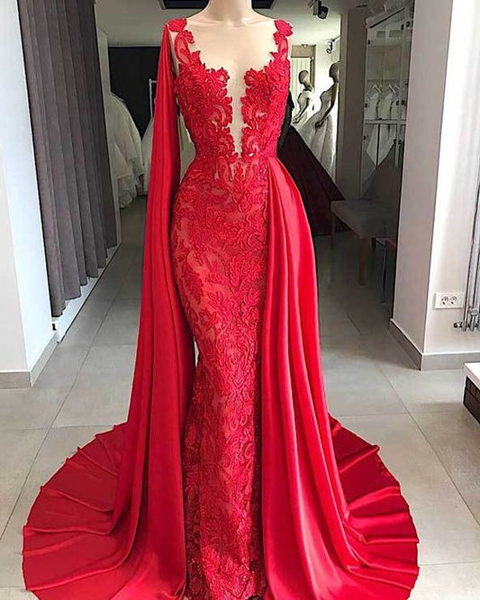 Meerjungfrau-Abschlussballkleider Rote Spitze Sheer Neck Perlen Elegante Abendkleider cg2616