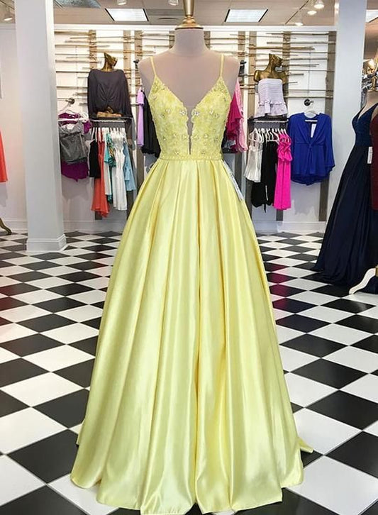 Gelbes langes Ballkleid mit V-Ausschnitt und Spitzenapplikation, gelbes Abendkleid cg2618