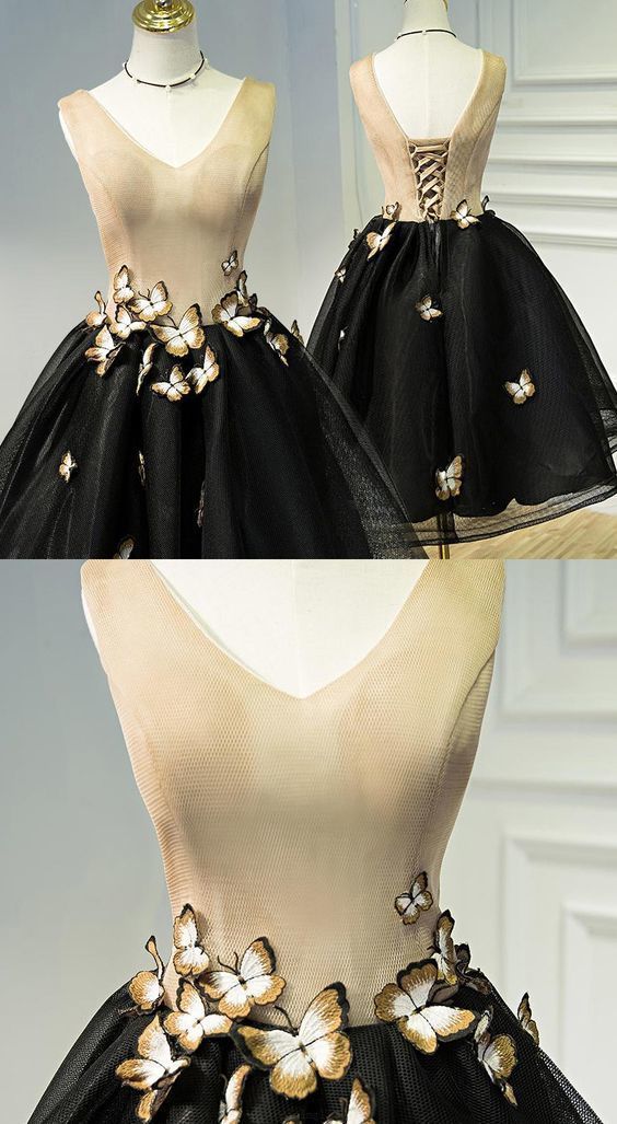 Schwarzes Homecoming-Kleid, herausragende kurze Homecoming-Kleider mit A-Linie/Prinzessin-Schnürung, Schmetterlingskleider, cg264