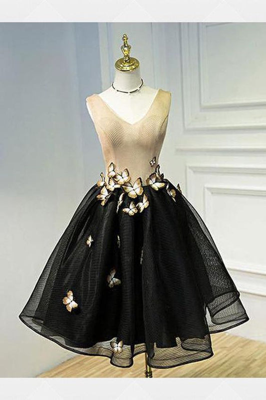 Schwarzes Homecoming-Kleid, herausragende kurze Homecoming-Kleider mit A-Linie/Prinzessin-Schnürung, Schmetterlingskleider, cg264