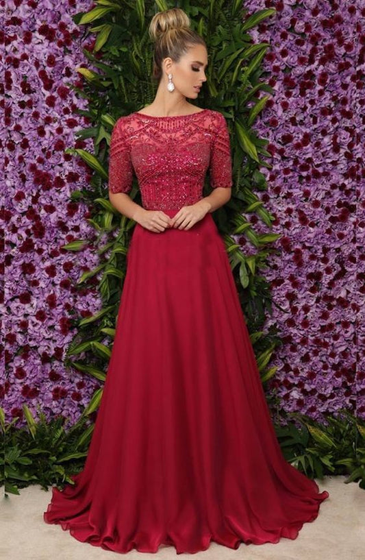 Burgunderrotes Ballkleid mit halblangen Ärmeln in A-Linie, bezauberndes Ballkleid mit Perlenbesatz cg2641