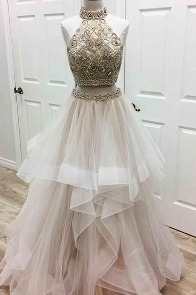 Einzigartiges zweiteiliges langes Ballkleid mit Tüllperlen, Tüllabendkleid cg2642