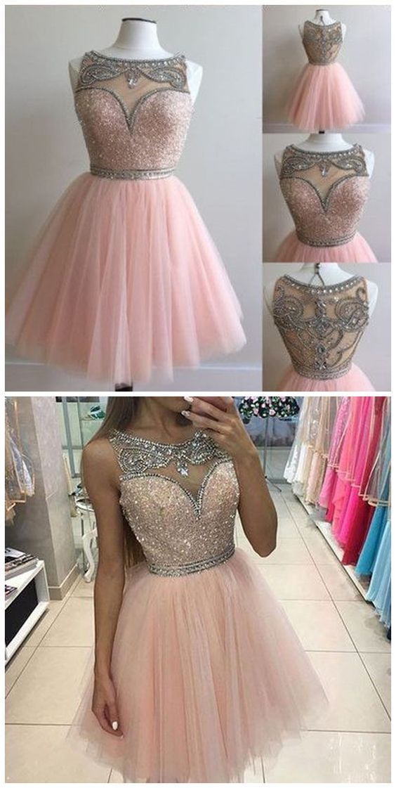 Rosa Homecoming-Kleid, Rundhals-Homecoming-Kleid, Perlen-Homecoming-Kleid, kurzes Homecoming-Kleid cg266