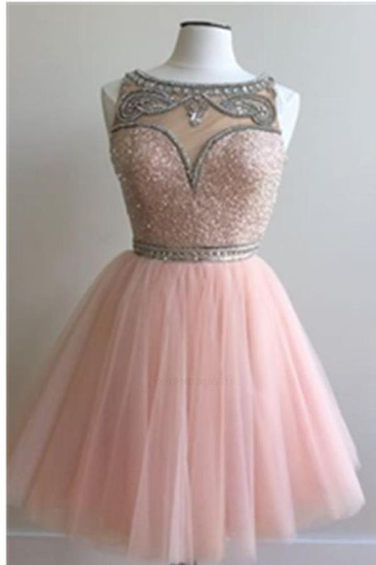 Rosa Homecoming-Kleid, Rundhals-Homecoming-Kleid, Perlen-Homecoming-Kleid, kurzes Homecoming-Kleid cg266