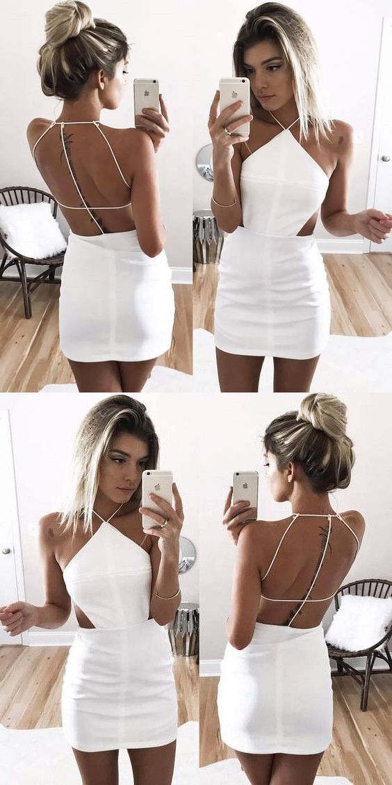 Maßgeschneiderte weiße Mini-Etuikleid, Homecoming-Kleid, formelle Kleider, Brautkleider cg267