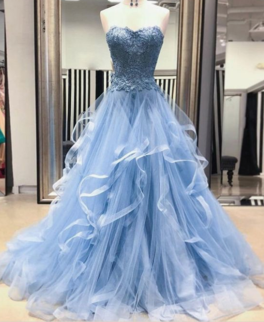 Schickes Ballkleid mit Herzausschnitt, himmelblau, mit Rüschen, A-Linie, Spitze, Ballkleid cg2673
