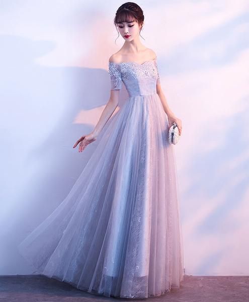 Graues schulterfreies langes Ballkleid aus Tüllspitze, graues Abendkleid cg2680