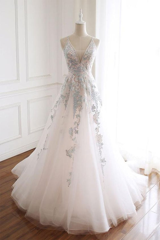 Weißes langes Ballkleid mit V-Ausschnitt und Tüllspitze, weißes Abendkleid cg2700