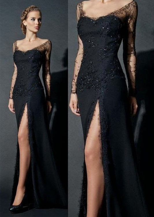 Schwarzes elegantes Abendkleid, Langarm-Abendkleid, elegantes Ballkleid cg2704