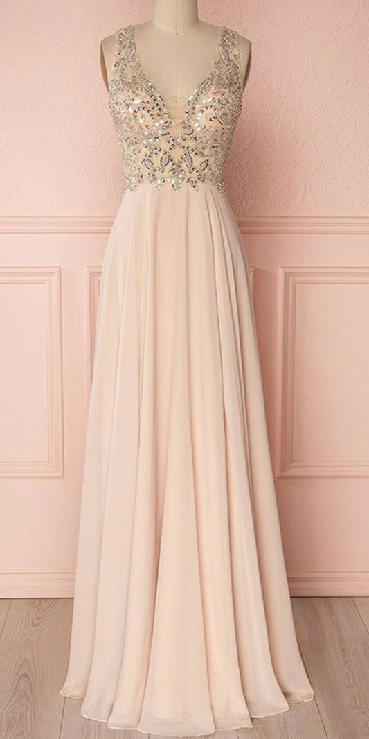 Rosa V-Ausschnitt Perlen Pailletten langes Ballkleid, rosa Abendkleid cg2707