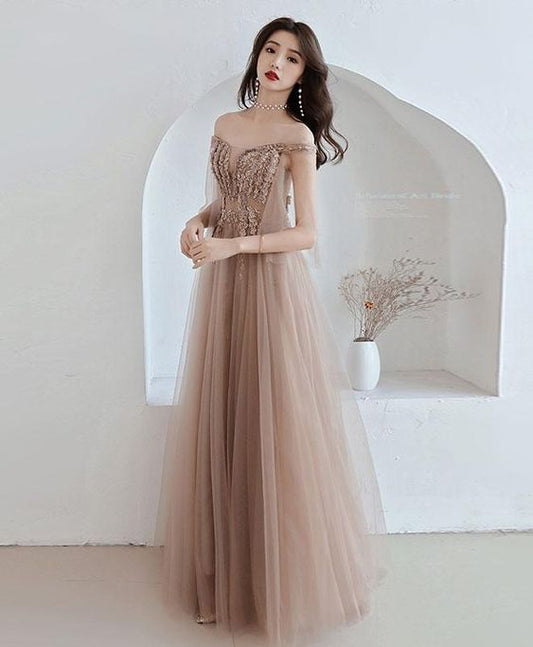 Champagnerfarbenes, schulterfreies, langes Ballkleid aus Tüll, Champagner-Abendkleid cg2708