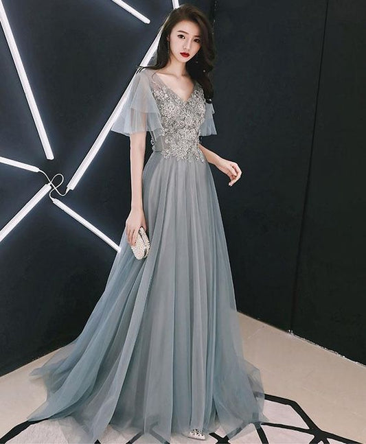 Graues langes Ballkleid mit V-Ausschnitt und Flügelärmeln aus Tüllspitze, Abendkleid cg2712