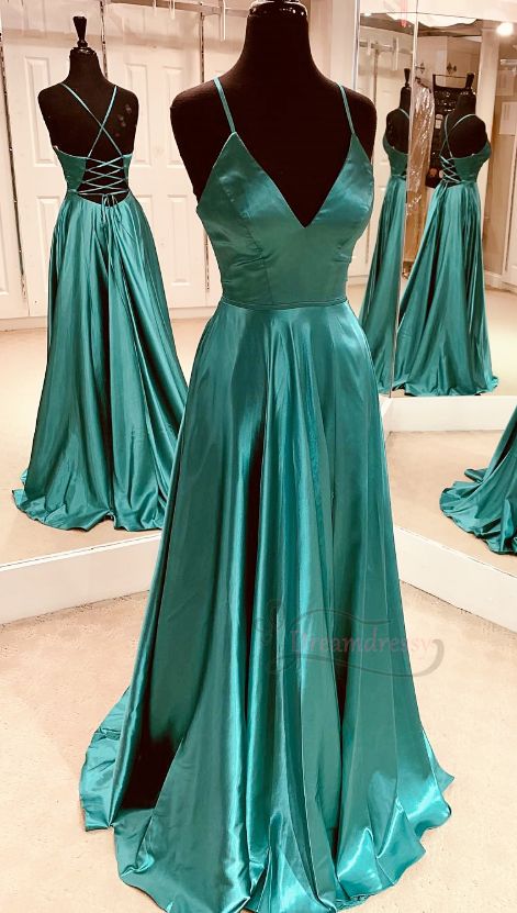 Schlichtes, langes Ballkleid in A-Linie, V-Ausschnitt, blaugrün, mit Schnürung am Rücken, cg2778