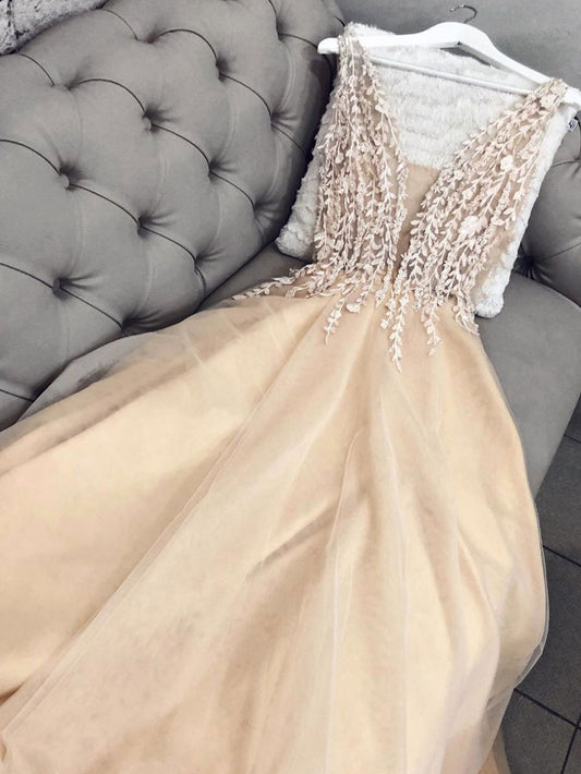 Champagner Tüll Spitze langes Ballkleid, Champagner Tüll Abendkleid cg2790