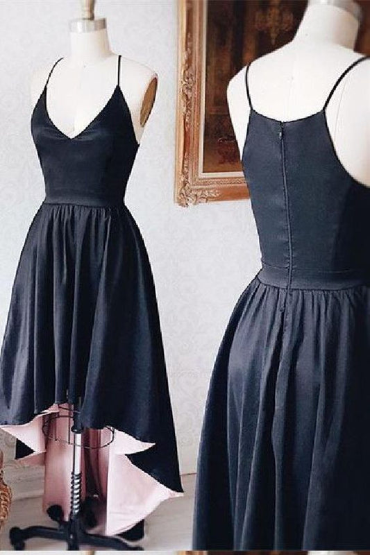 Tolles schwarzes neues schwarzes Satin-Ballkleid mit V-Ausschnitt, High Low A-Linie, Brautjungfernkleid cg2798