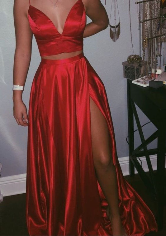 Zwei Stücke Rot Lange Ballkleider, Satin Abendkleider mit Schlitz cg2805