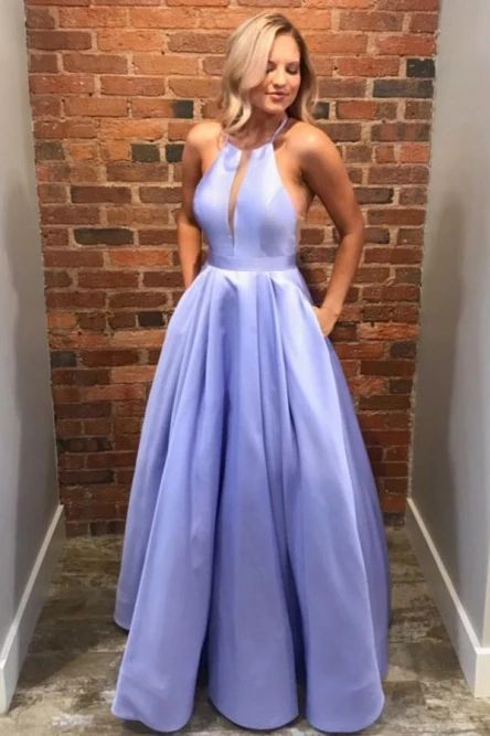 A-Linie, Rundhalsausschnitt, bodenlanges, lila Satin-Ballkleid mit Taschen, cg2809