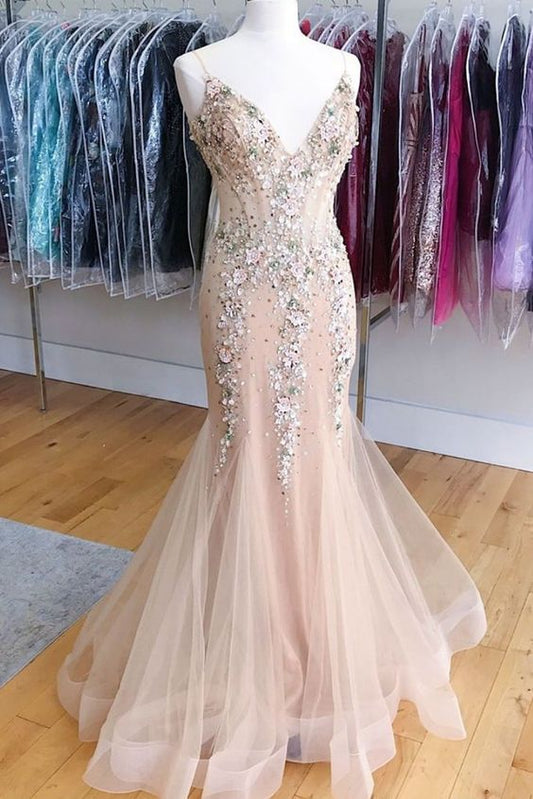 Champagner V-Ausschnitt Tüll Perlen Meerjungfrau langes Ballkleid, formelles Kleid cg2810