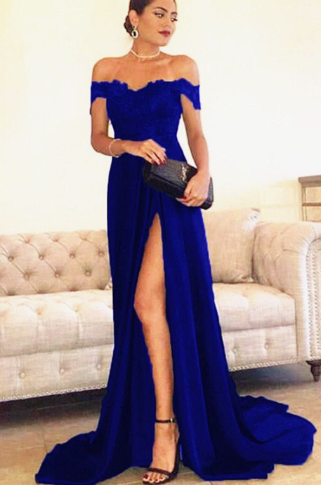 königsblaues Ballkleid mit langem Schlitz, Abendkleid cg2821