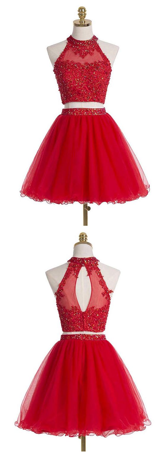 Zweiteiliges, kurzes, rotes Organza-Heimkehrkleid mit Perlen und Pailletten-Applikationen cg283