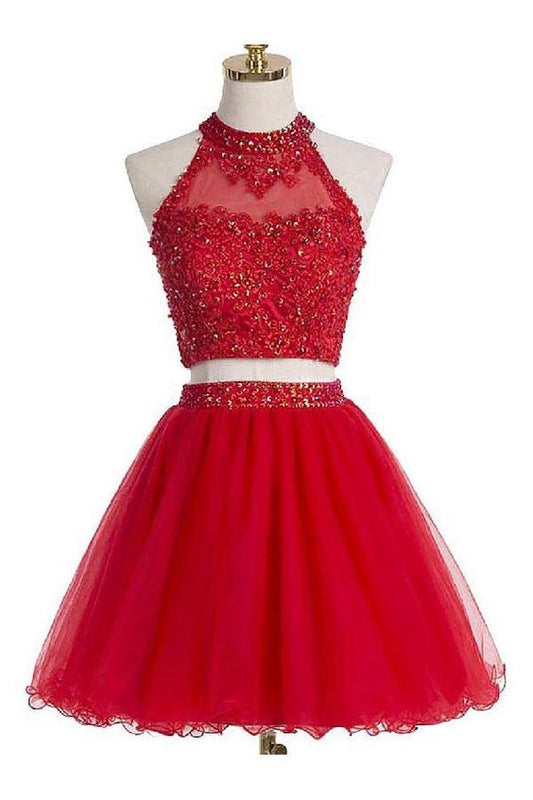 Zweiteiliges, kurzes, rotes Organza-Heimkehrkleid mit Perlen und Pailletten-Applikationen cg283