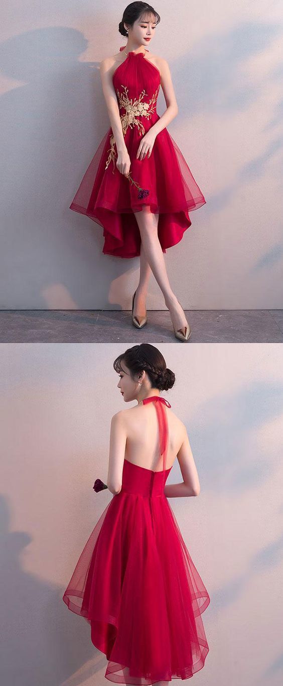 Neckholder-Abendkleid in A-Linie aus rotem Tüll, ärmelloses kurzes Abendkleid cg285