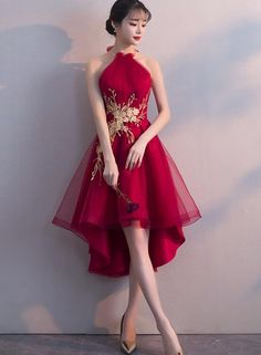 Neckholder-Abendkleid in A-Linie aus rotem Tüll, ärmelloses kurzes Abendkleid cg285