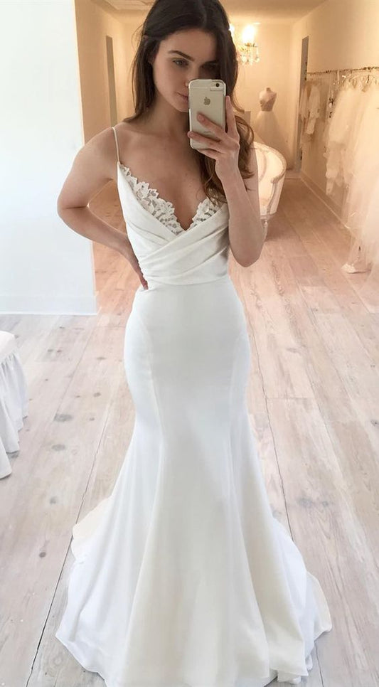 Meerjungfrau Spaghettiträger Weißes Ballkleid mit Spitze cg2851