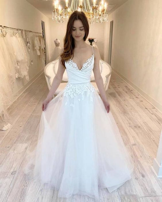 Sexy Spaghettiträger Weiß Tüll A-Linie Ballkleid, Applikationen Lange Ballkleider cg2852