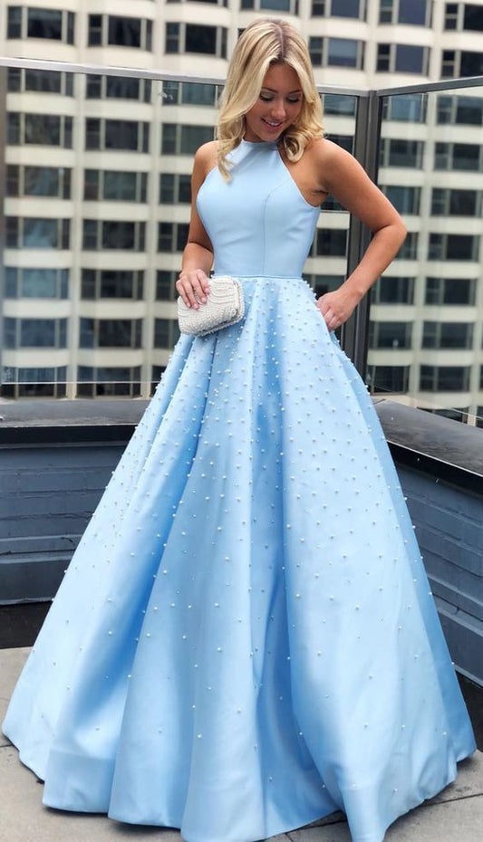 Wunderschönes hellhimmelblaues langes Ballkleid aus Satin, sexy Ballkleid cg287