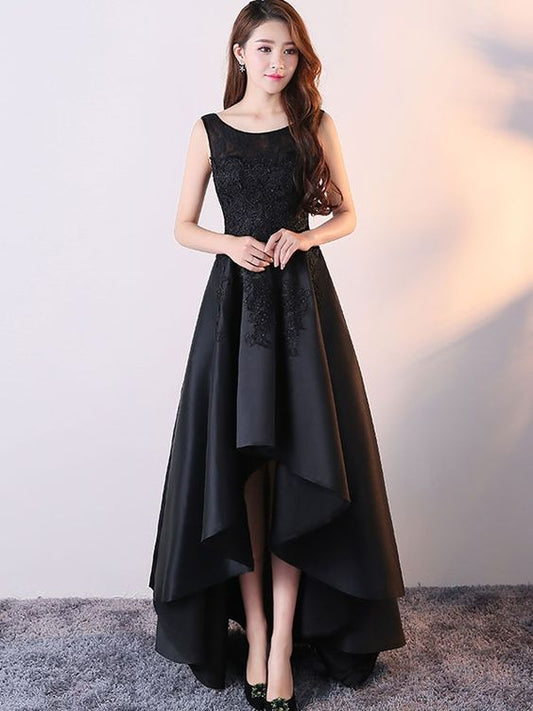 Süße schwarze Spitze Ballkleid schwarz Rundhals Satin Spitze High Low Ballkleid, Spitze Ballkleid cg288