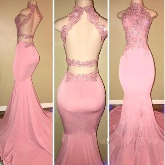 Rosa Meerjungfrau Ballkleider 2019 Applikationen Spitze Etuikleid Rückenfrei Abendkleid cg2897