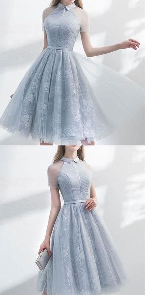 Einzigartiges graues Tüll-Heimkehrkleid, A-Linie Durchsichtiges Kurzärmeliges Kleid, Elegantes Partykleid cg290