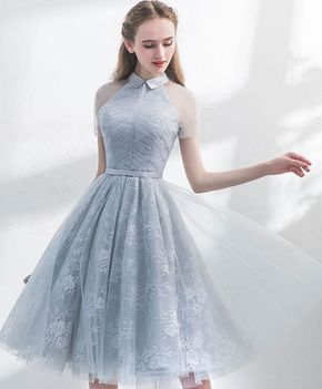 Einzigartiges graues Tüll-Heimkehrkleid, A-Linie Durchsichtiges Kurzärmeliges Kleid, Elegantes Partykleid cg290
