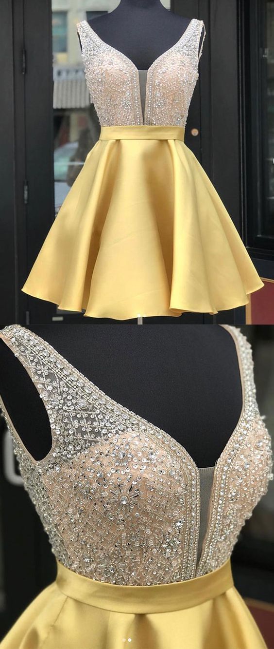 Gelbes kurzes Heimkehrkleid mit V-Ausschnitt und Pailletten, gelbes Partykleid cg292