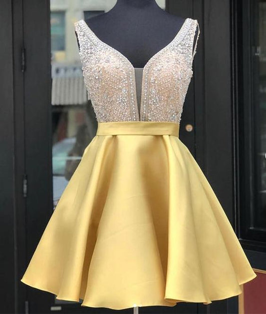 Gelbes kurzes Heimkehrkleid mit V-Ausschnitt und Pailletten, gelbes Partykleid cg292