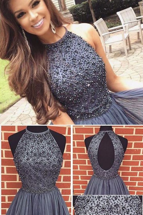 A-Linie Grau Neckholder Stehkragen Perlen Kurzes Kleid, Tüll Homecoming Kleid cg294