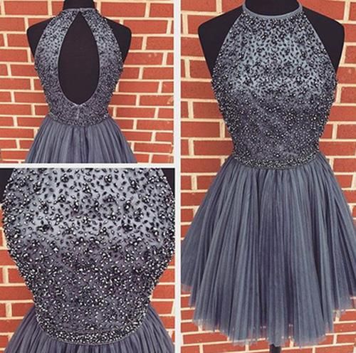 A-Linie Grau Neckholder Stehkragen Perlen Kurzes Kleid, Tüll Homecoming Kleid cg294
