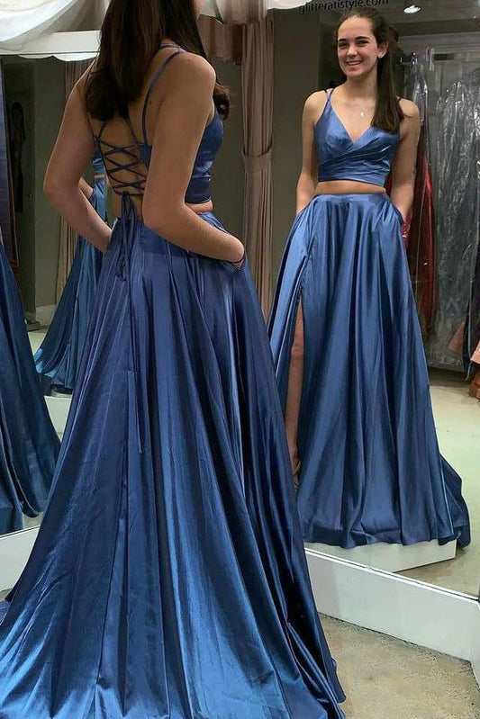Zweiteiliges langes blaues Ballkleid mit Schnürung cg2954