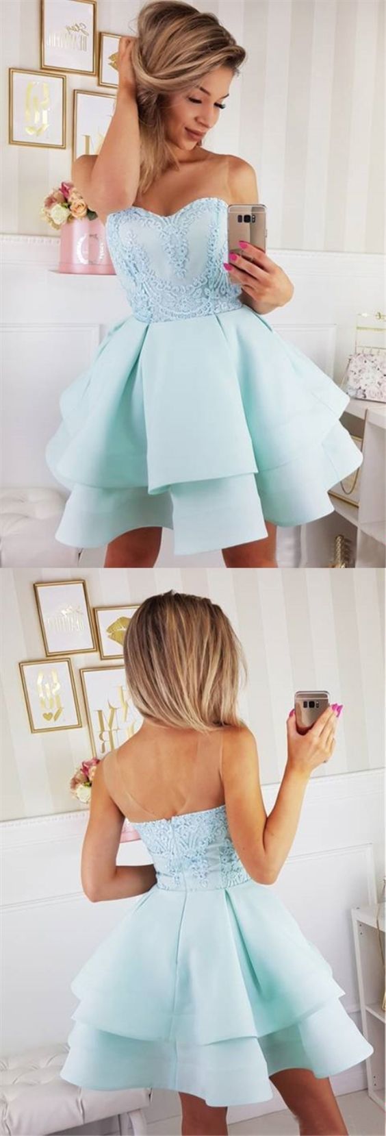 A-Linie Rundhals Kurzes Hellblaues Homecoming-Kleid mit Applikationen cg296