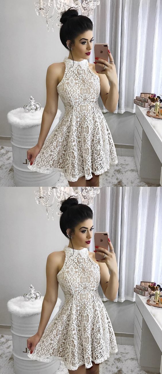 Mode A-Linie High Neck Kurz/Mini Spitze Homecoming/Party Kleid, Spitze Homecoming Kleid cg298