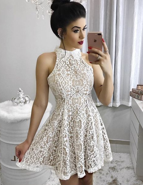 Mode A-Linie High Neck Kurz/Mini Spitze Homecoming/Party Kleid, Spitze Homecoming Kleid cg298