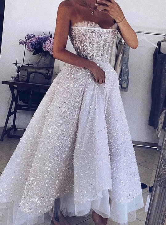 Weiße Pailletten kurzes Ballkleid, Ballkleid cg2985