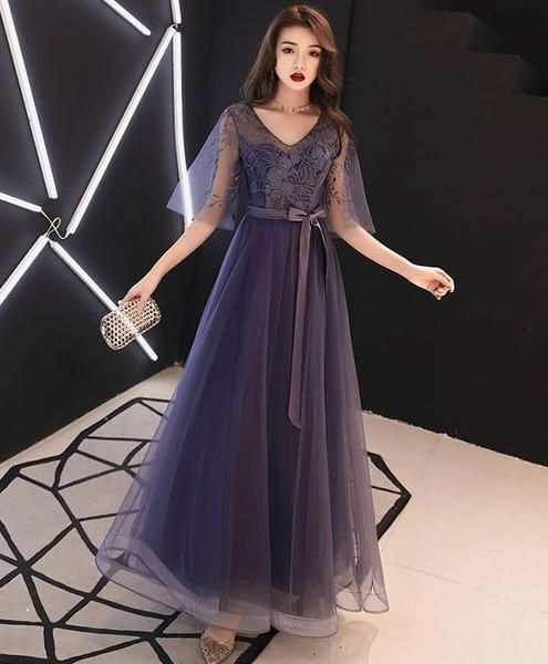 Elegantes A-Linien-Ballkleid aus Tüllspitze, lila Tüll, Abendkleid cg2990