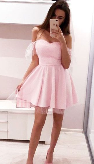 Schulterfreies rosa Homecoming-Kleid, elegante Hoco-Kleider für Erstsemester cg300