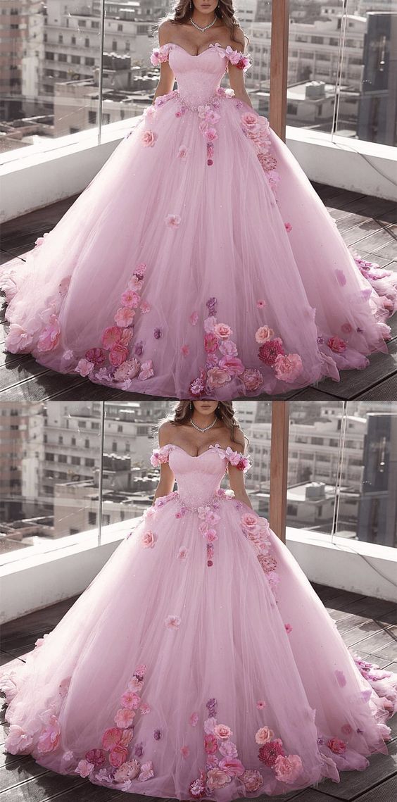 Erröten Rosa Tüll Off Schulter Ballkleid Brautkleider Floral Blumen Perlen ballkleid cg3003