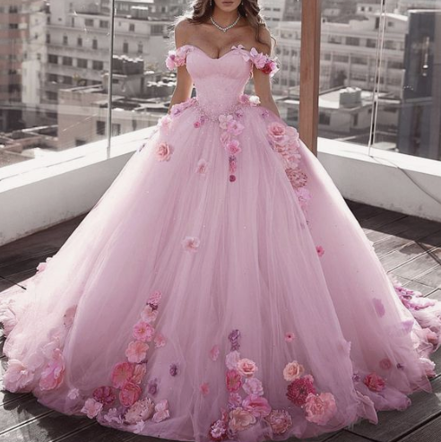 Erröten Rosa Tüll Off Schulter Ballkleid Brautkleider Floral Blumen Perlen ballkleid cg3003