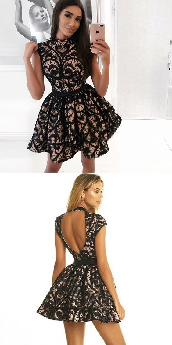 A-Linie Juwel Ärmellos Kurzes Schwarzes Homecoming-Kleid aus Spitze cg301